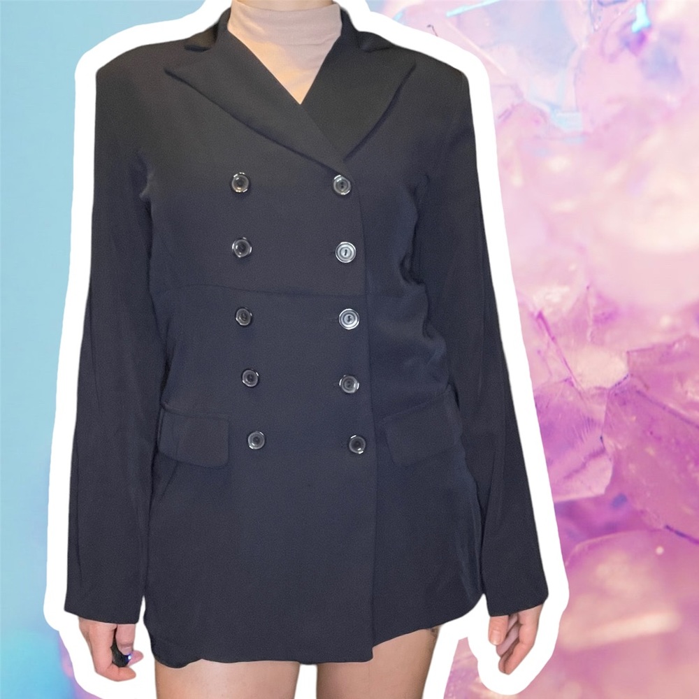 Vintage Double Breasted Blazer Long with Fake Pockets Studio C Size 10 Navy Poly